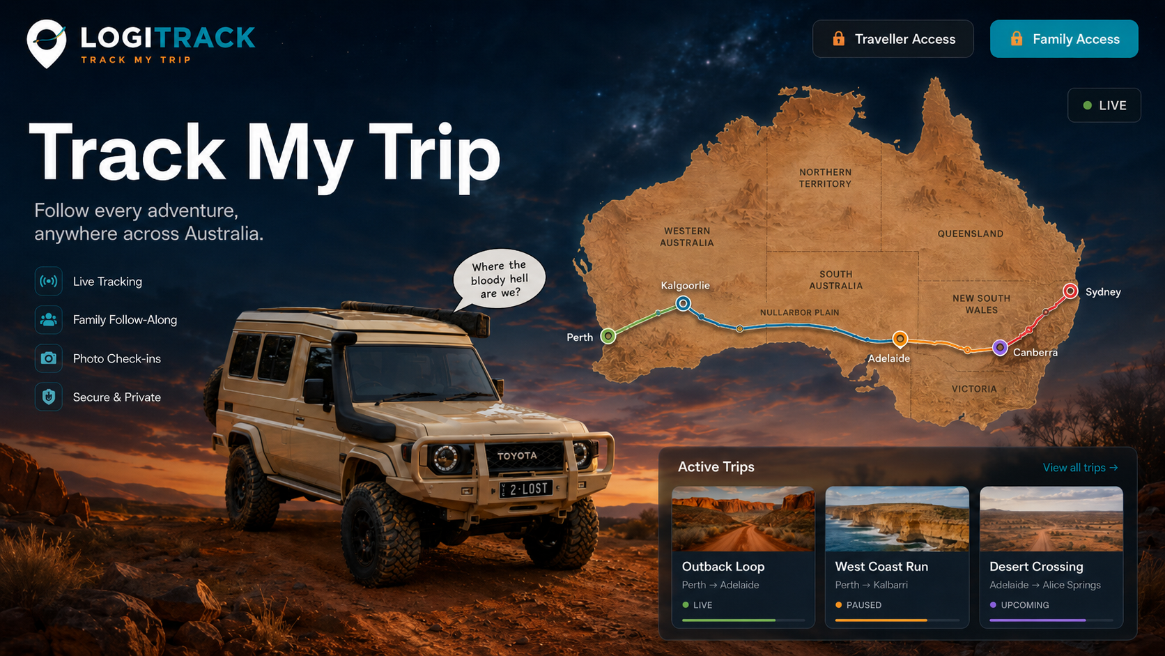 Logitrack Track My Trip V9 homepage with Toyota troop carrier, thought bubble, Australia route map, traveller access, family access and active trips.